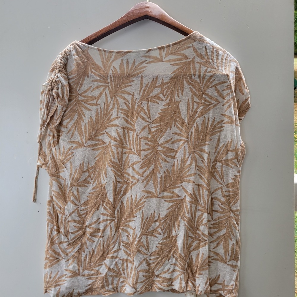 Nicole Miller New York XL Tan Palm Leaf 100% Linen Ruched Shoulder Tie Top - Picture 7 of 8